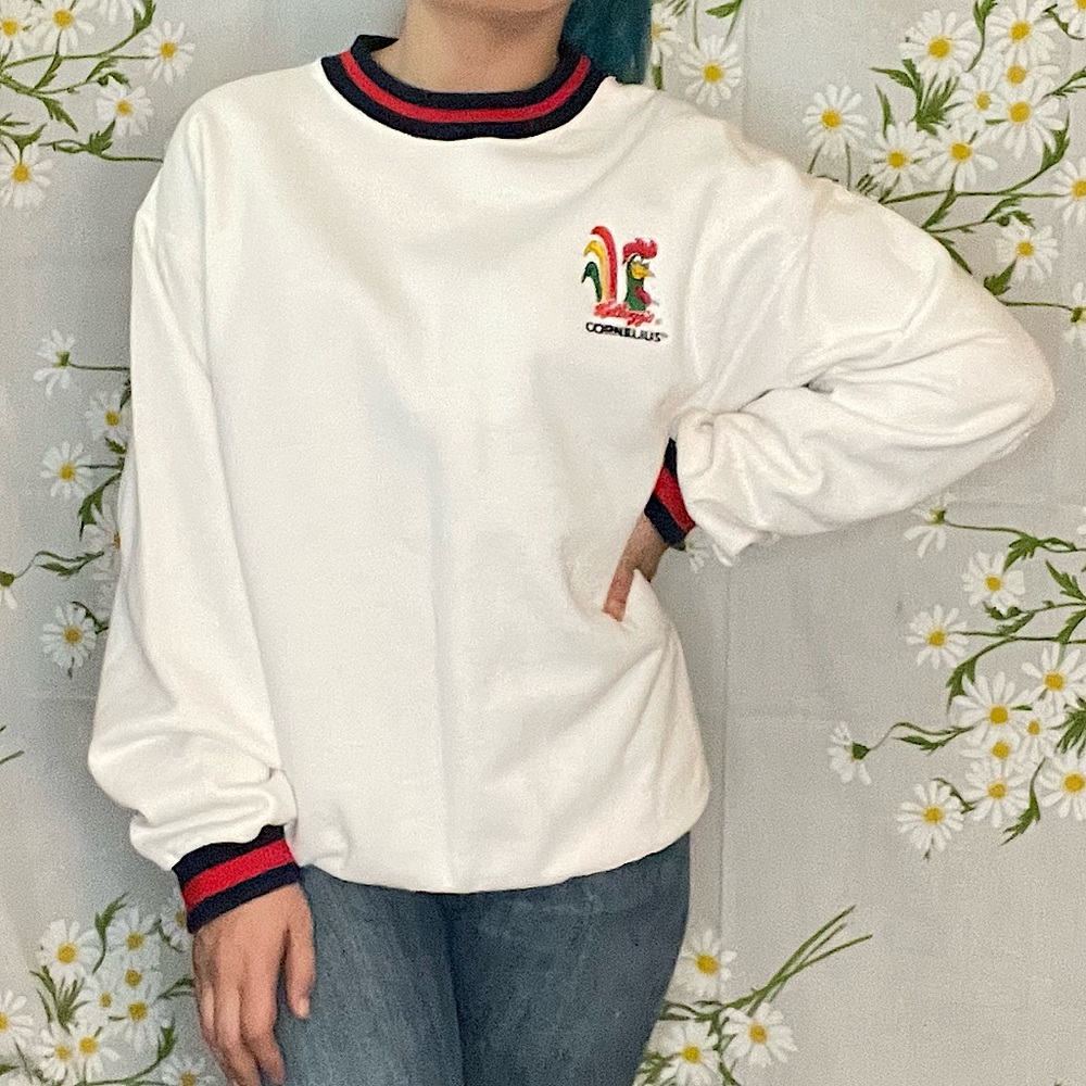 Vintage Kelloggs Cornelius rooster white navy red stripe preppy novelty sweater